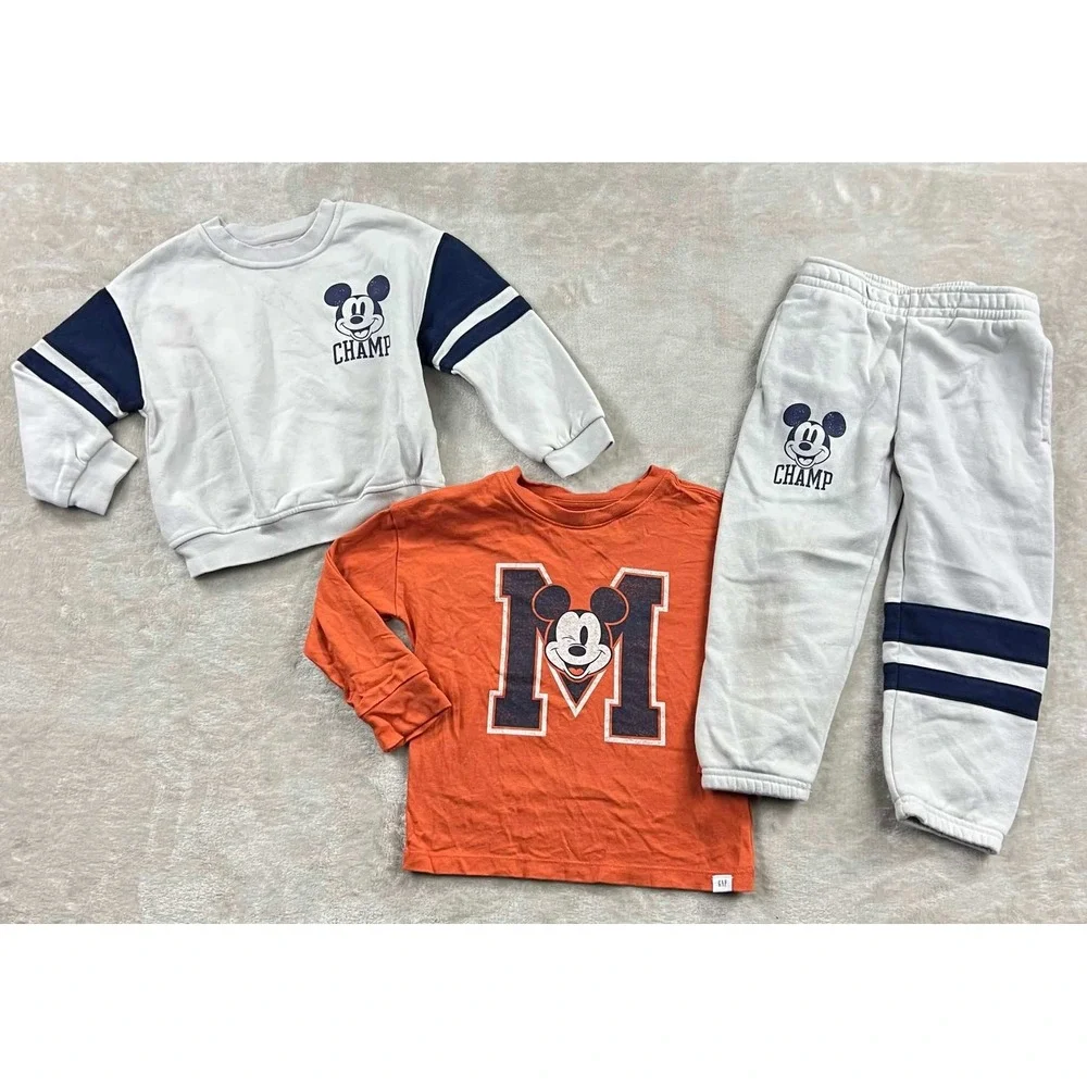 Baby Gap Disney Mickey Mouse 3pc Set Sweatshirt Joggers Tee Orange Gray 3T